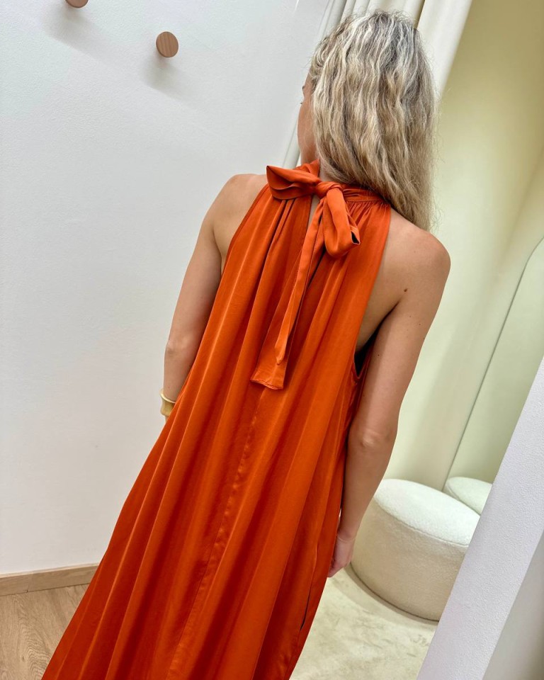 Vestito lungo fiocco sul collo papaya Vicolo Shop Online Vestito lungo fiocco sul collo papaya Vicolo