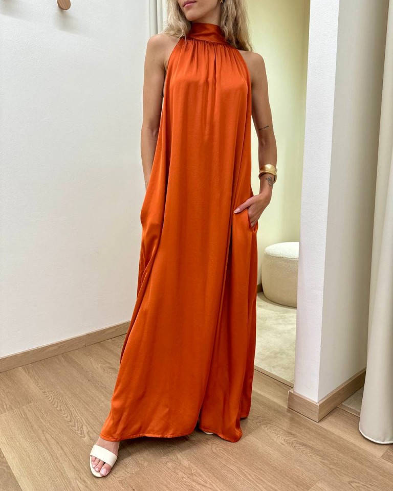 Vestito lungo fiocco sul collo papaya Vicolo Shop Online Vestito lungo fiocco sul collo papaya Vicolo
