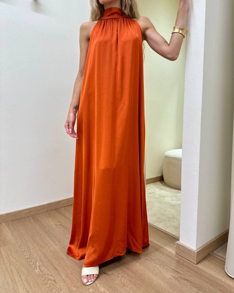 Vestito lungo fiocco sul collo papaya Vicolo Shop Online Vestito lungo fiocco sul collo papaya Vicolo