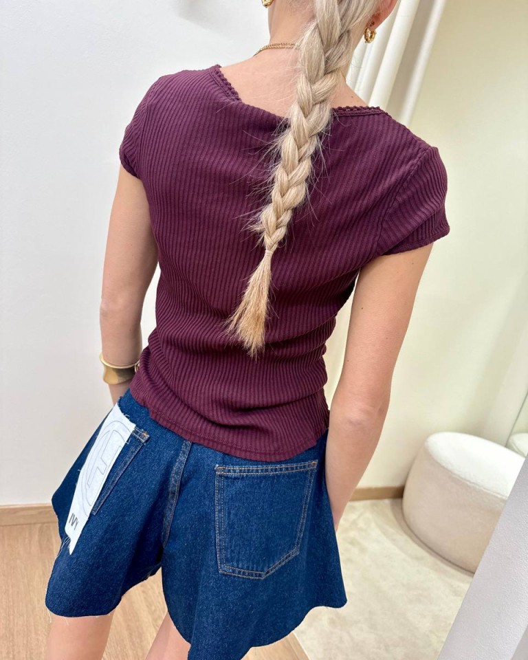 Maglia costine scollo con merletto vino HaveOne Shop Online Maglia costine scollo con merletto vino HaveOne