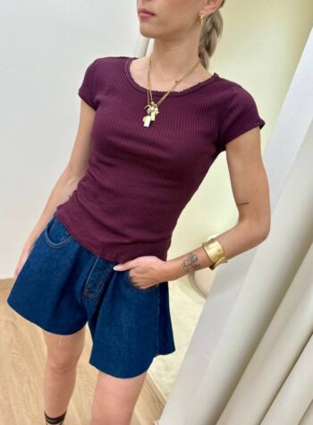 Shop Online Maglia costine scollo con merletto vino HaveOne