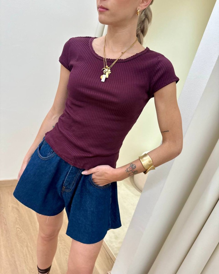 Maglia costine scollo con merletto vino HaveOne Shop Online Maglia costine scollo con merletto vino HaveOne