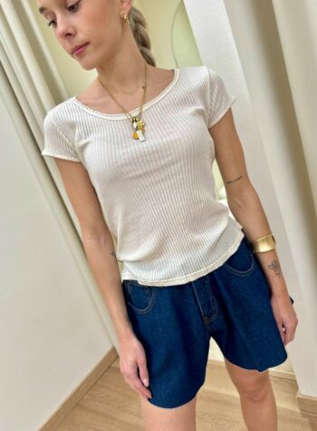 Shop Online Maglia costine scollo con merletto burro HaveOne
