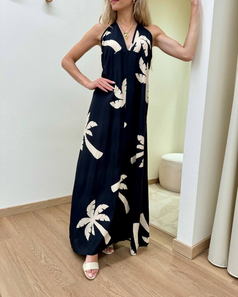Vestito lungo palme nero e burro HaveOne Shop Online Vestito lungo palme nero e burro HaveOne