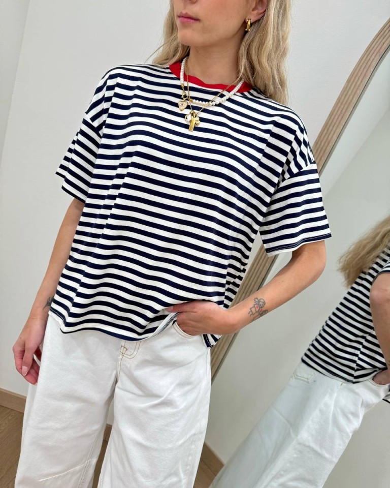 T-shirt scatoletta righe panna e blu HaveOne Shop Online T-shirt scatoletta righe panna e blu HaveOne