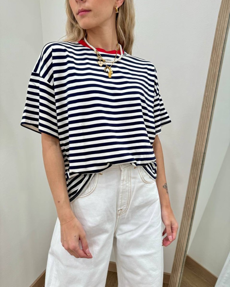 T-shirt scatoletta righe panna e blu HaveOne Shop Online T-shirt scatoletta righe panna e blu HaveOne