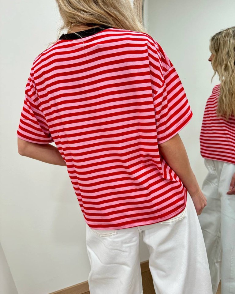 T-shirt scatoletta righe rosa e rosse HaveOne Shop Online T-shirt scatoletta righe rosa e rosse HaveOne