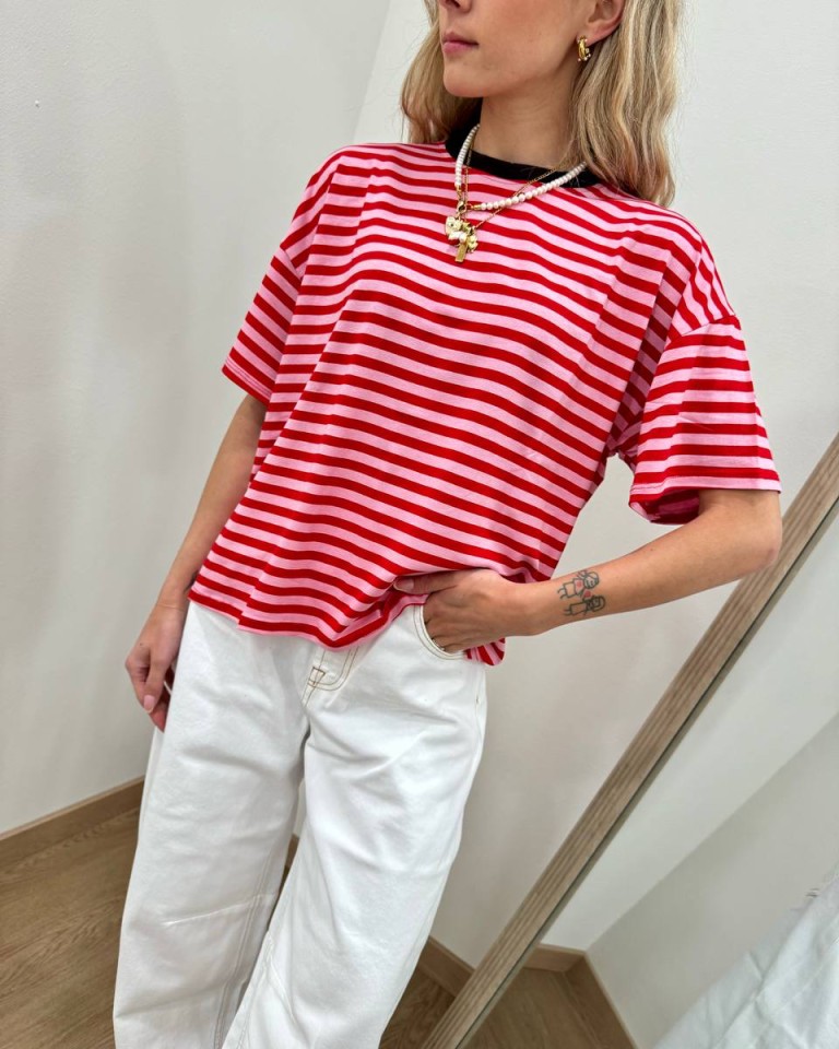 T-shirt scatoletta righe rosa e rosse HaveOne Shop Online T-shirt scatoletta righe rosa e rosse HaveOne