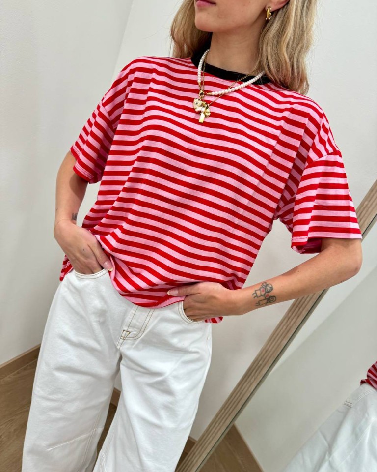 T-shirt scatoletta righe rosa e rosse HaveOne Shop Online T-shirt scatoletta righe rosa e rosse HaveOne