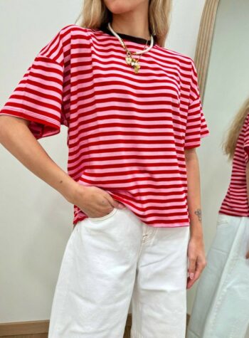 Shop Online T-shirt scatoletta righe rosa e rosse HaveOne