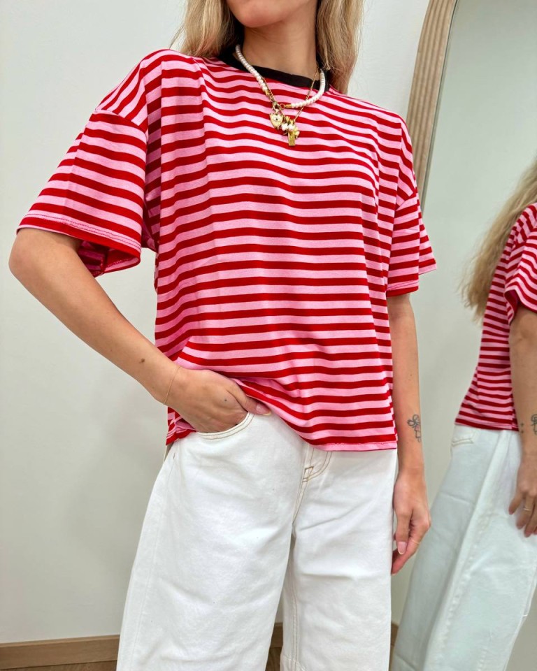 T-shirt scatoletta righe rosa e rosse HaveOne Shop Online T-shirt scatoletta righe rosa e rosse HaveOne