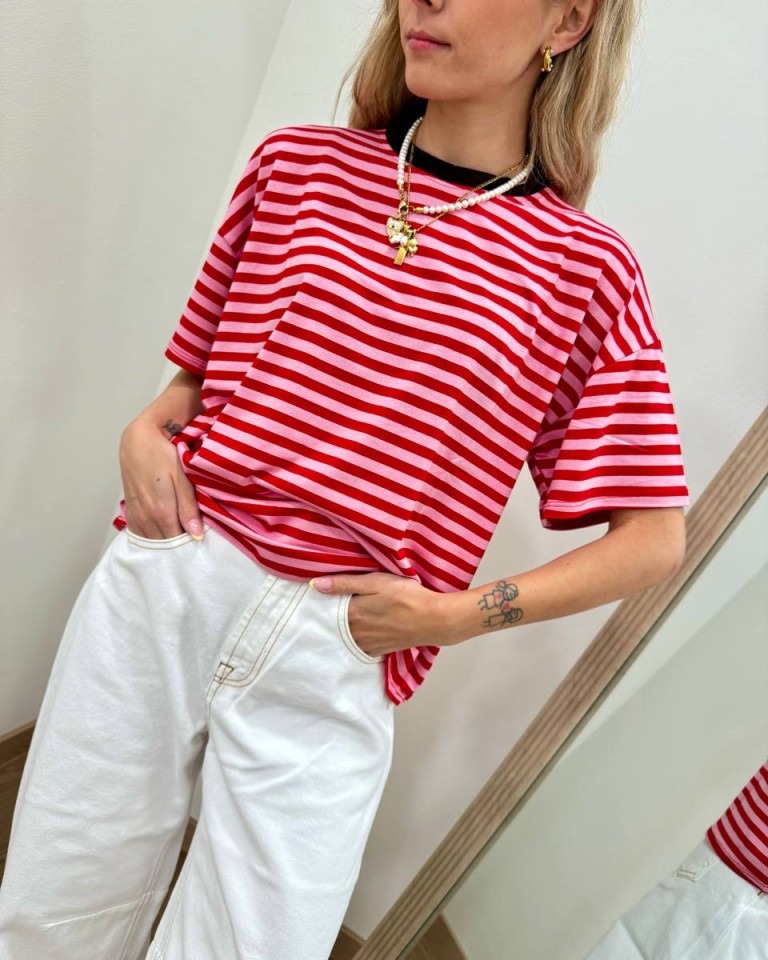 T-shirt scatoletta righe rosa e rosse HaveOne Shop Online T-shirt scatoletta righe rosa e rosse HaveOne