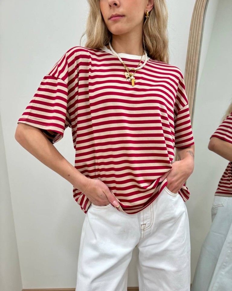 T-shirt scatoletta righe beige e bordeaux HaveOne Shop Online T-shirt scatoletta righe beige e bordeaux HaveOne
