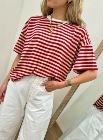 Shop Online T-shirt scatoletta righe beige e bordeaux HaveOne