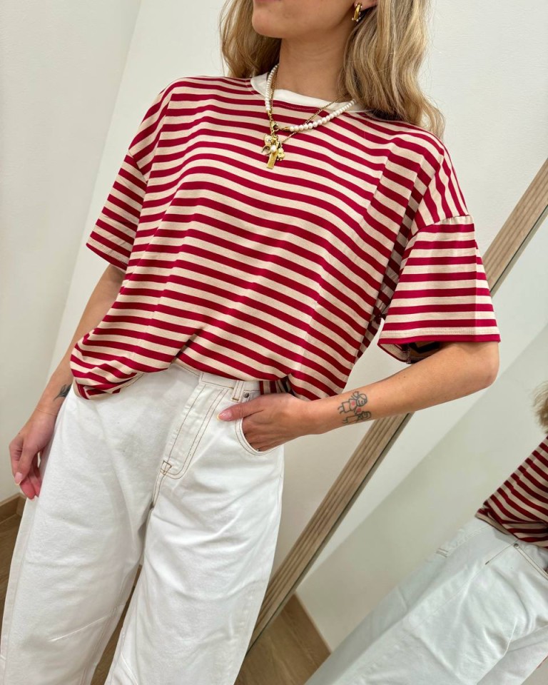 T-shirt scatoletta righe beige e bordeaux HaveOne Shop Online T-shirt scatoletta righe beige e bordeaux HaveOne