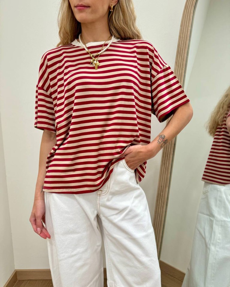 T-shirt scatoletta righe beige e bordeaux HaveOne Shop Online T-shirt scatoletta righe beige e bordeaux HaveOne
