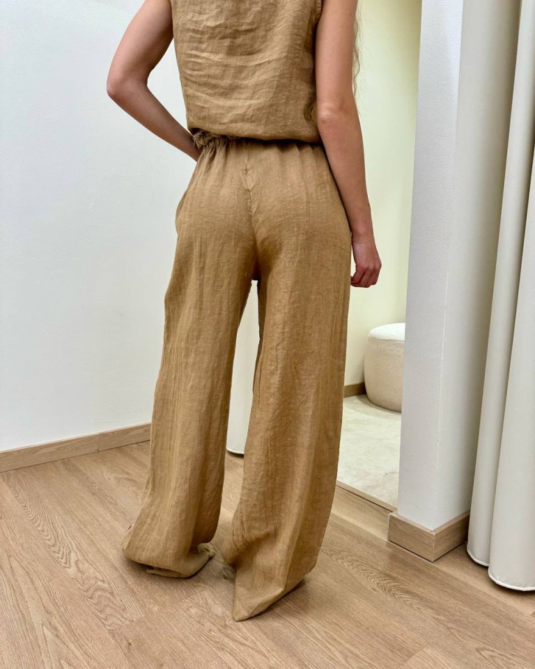 Pantalone wide leg in lino cammello HaveOne Shop Online Pantalone wide leg in lino cammello HaveOne
