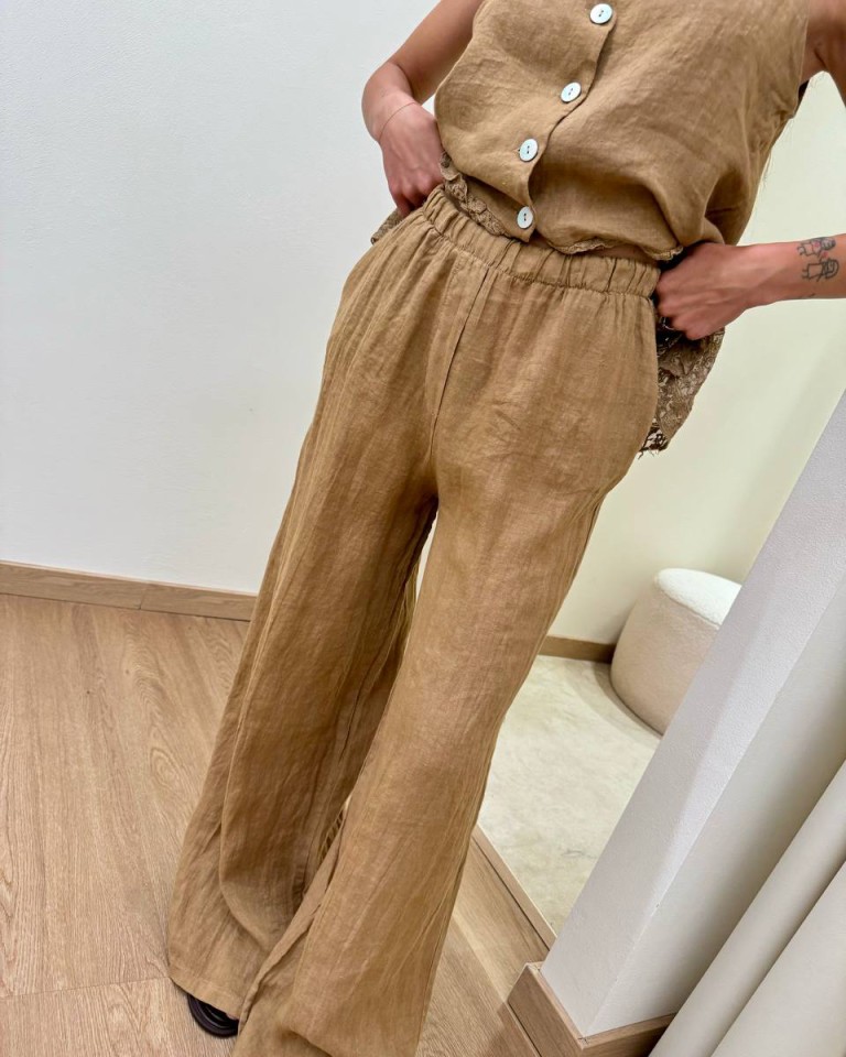 Pantalone wide leg in lino cammello HaveOne Shop Online Pantalone wide leg in lino cammello HaveOne