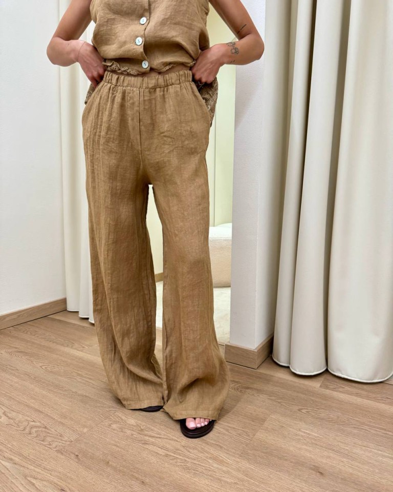 Pantalone wide leg in lino cammello HaveOne Shop Online Pantalone wide leg in lino cammello HaveOne