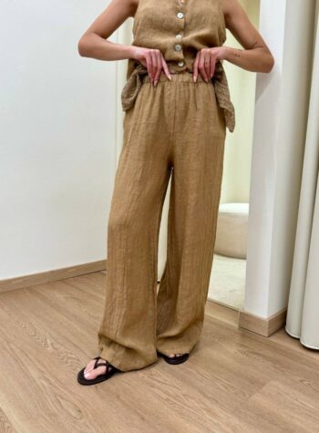 Shop Online Pantalone wide leg in lino cammello HaveOne