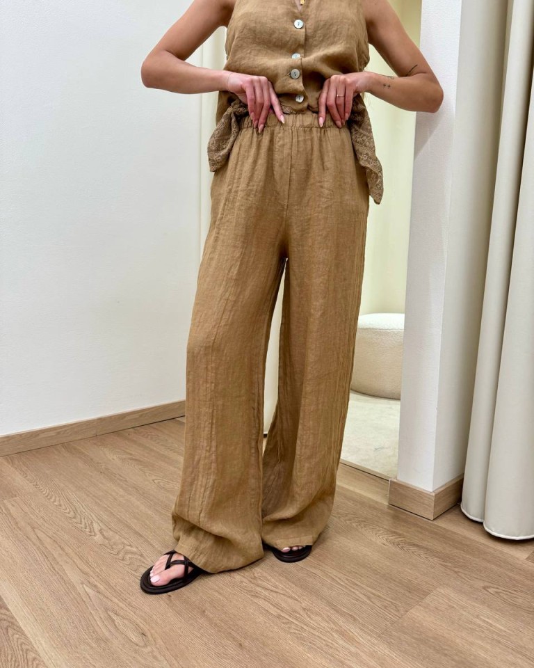 Pantalone wide leg in lino cammello HaveOne Shop Online Pantalone wide leg in lino cammello HaveOne