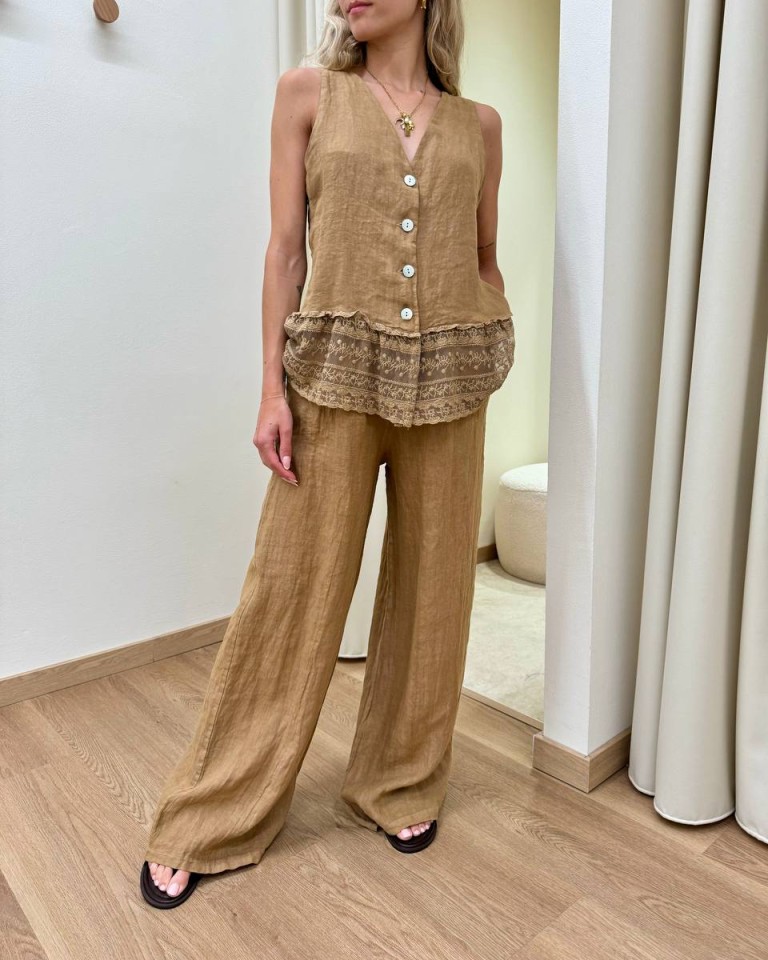 Pantalone wide leg in lino cammello HaveOne Shop Online Pantalone wide leg in lino cammello HaveOne