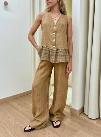 Shop Online Gilet lino balza ricamata cammello HaveOne