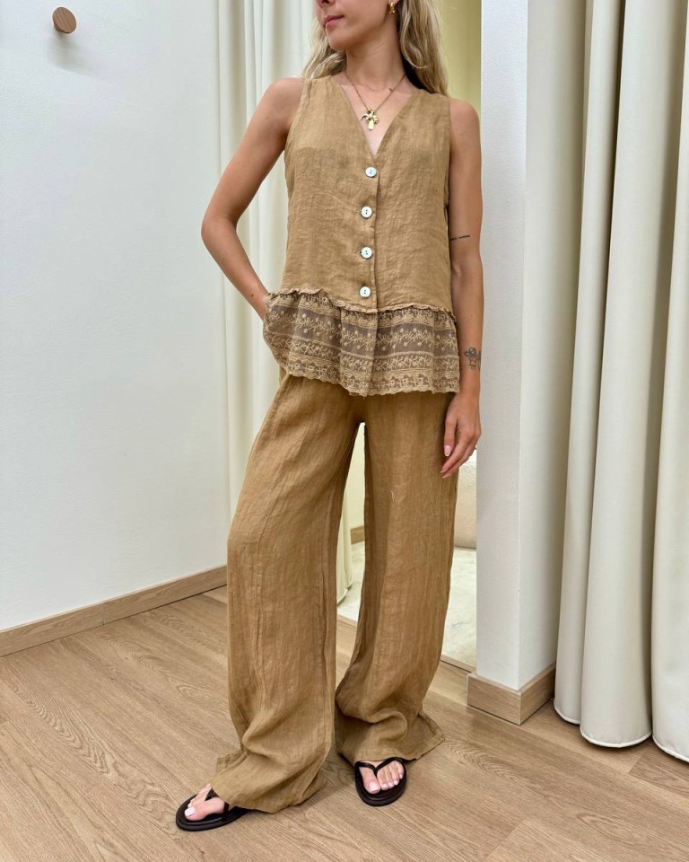 Pantalone wide leg in lino cammello HaveOne Shop Online Pantalone wide leg in lino cammello HaveOne