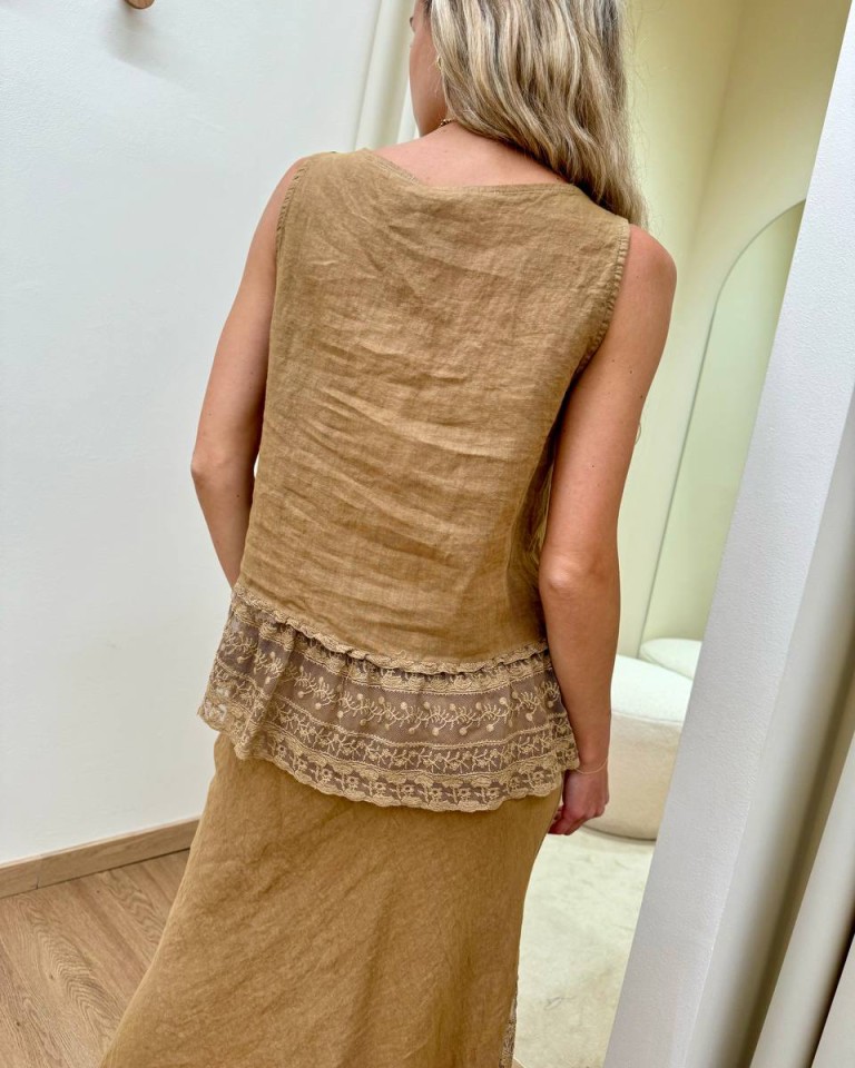 Gilet lino balza ricamata cammello HaveOne Shop Online Gilet lino balza ricamata cammello HaveOne