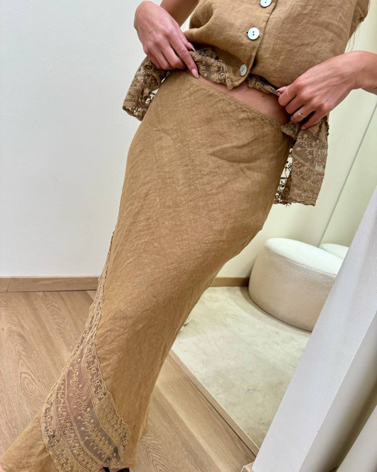 Gonna lino inserto ricamo cammello HaveOne Shop Online Gonna lino inserto ricamo cammello HaveOne