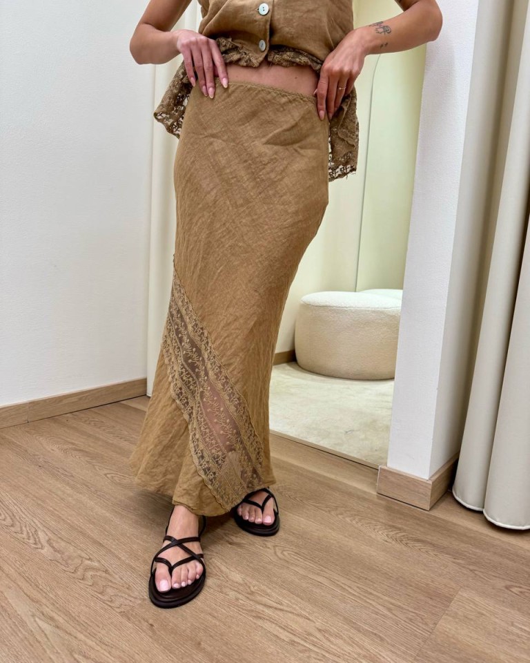 Gonna lino inserto ricamo cammello HaveOne Shop Online Gonna lino inserto ricamo cammello HaveOne