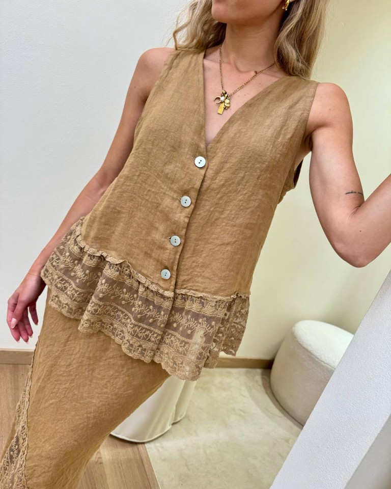 Gilet lino balza ricamata cammello HaveOne Shop Online Gilet lino balza ricamata cammello HaveOne
