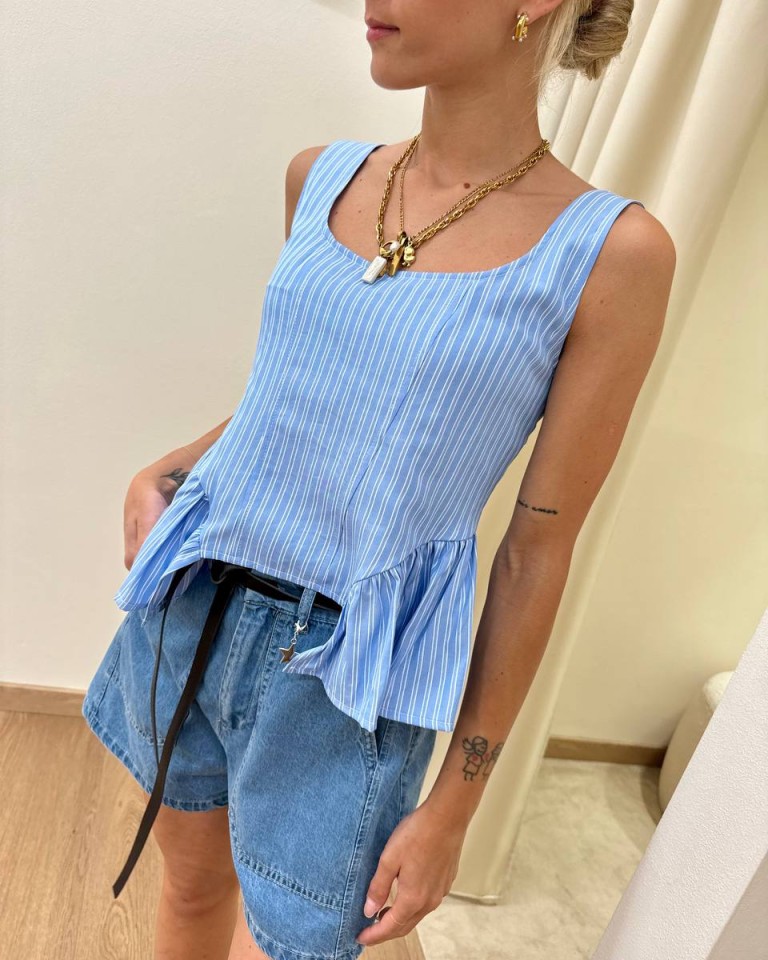 Top gessato azzurro con gale Susy Mix Shop Online Top gessato azzurro con gale Susy Mix
