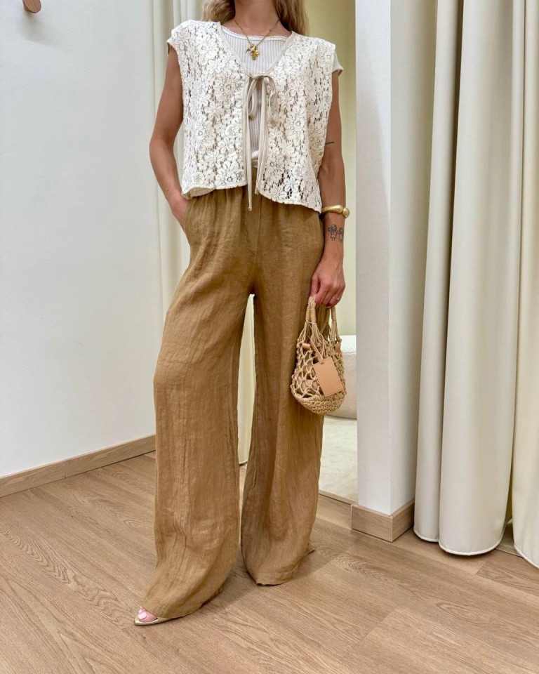 Pantalone wide leg in lino cammello HaveOne Shop Online Pantalone wide leg in lino cammello HaveOne