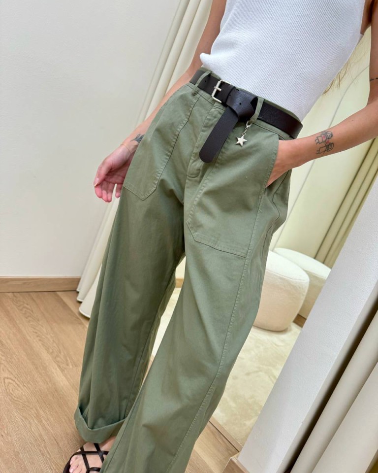 Pantalone barrel verde militare con cintura Susy Mix Shop Online Pantalone barrel verde militare con cintura Susy Mix