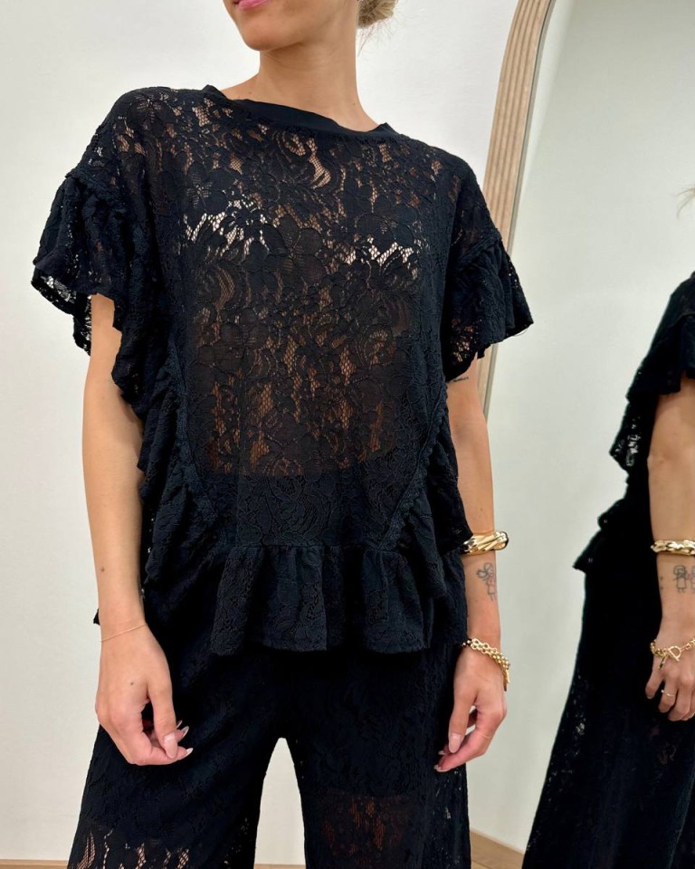 Blusa in pizzo con rouches nera Susy Mix Shop Online Blusa in pizzo con rouches nera Susy Mix