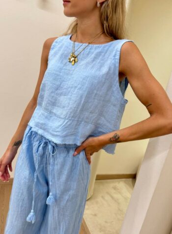 Shop Online Top corto celeste 100% lino Tensione In