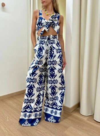 Shop Online Pantalone fantasia floreale bianca e blu Vicolo