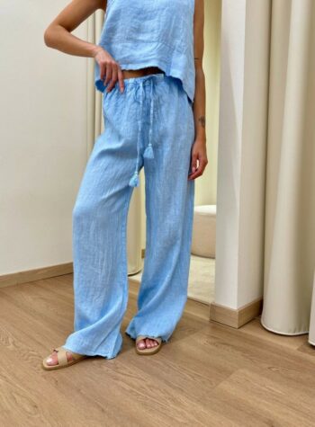 Shop Online Pantalone celeste palazzo 100% lino Tensione In