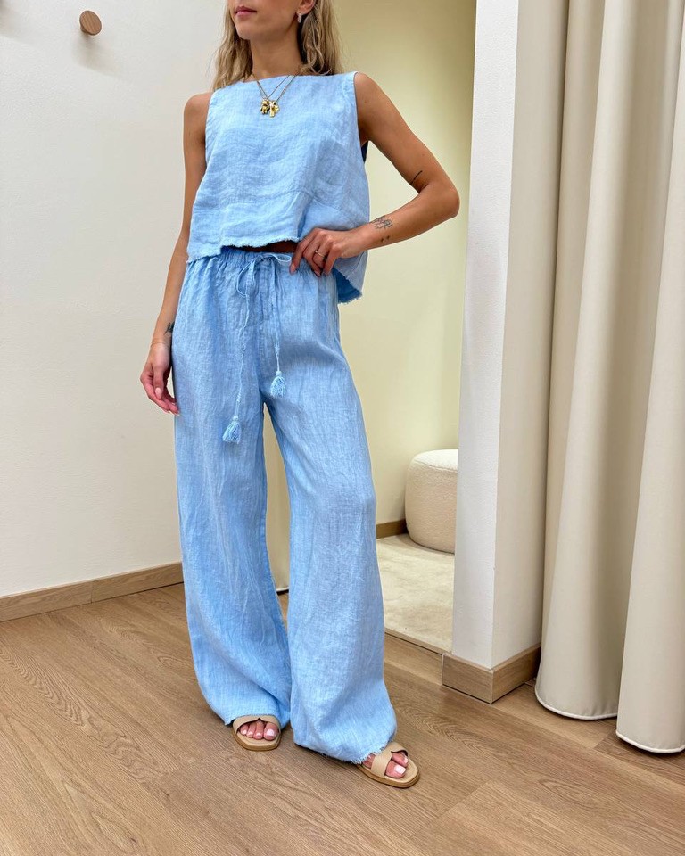 Top corto celeste 100% lino Tensione In Shop Online Top corto celeste 100% lino Tensione In