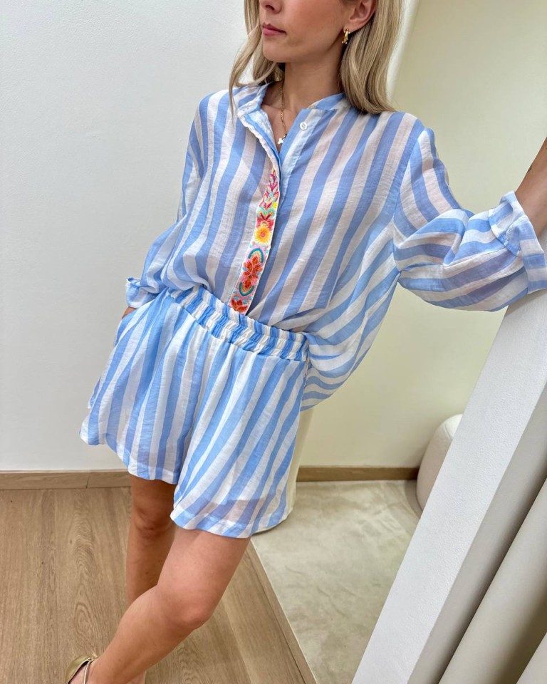 Shorts righe celesti fascia ricamata Tensione In Shop Online Shorts righe celesti fascia ricamata Tensione In