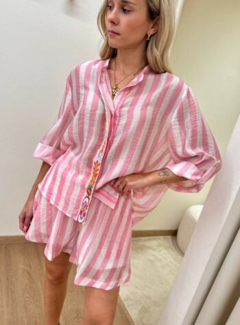 Shop Online Camicia righe rosa fascia ricamata Tensione In