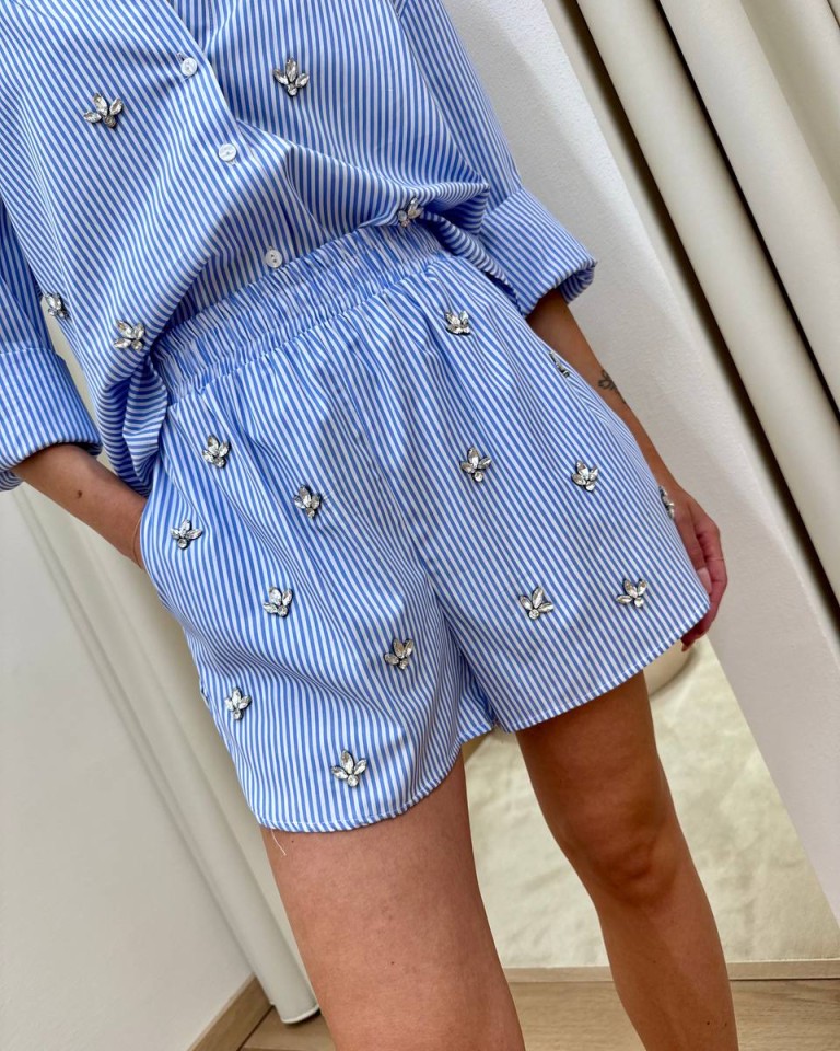 Shorts righe celesti con cabochon Tensione In Shop Online Shorts righe celesti con cabochon Tensione In