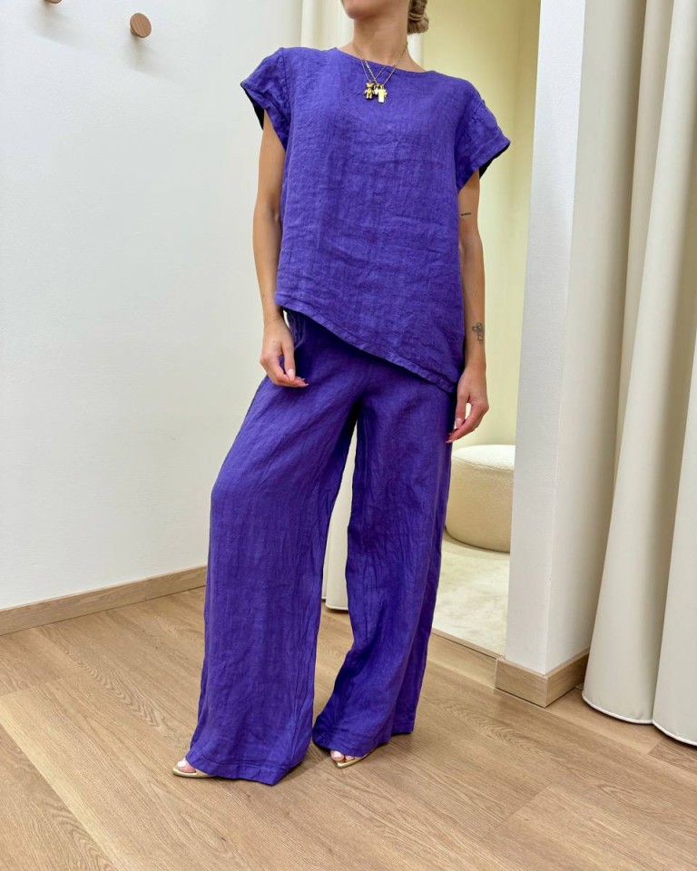 Completo pantalone e blusa asimmetrica viola Susy Mix Shop Online Completo pantalone e blusa asimmetrica viola Susy Mix