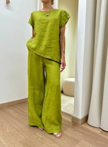 Shop Online Completo pantalone e blusa asimmetrica verde oliva Susy Mix