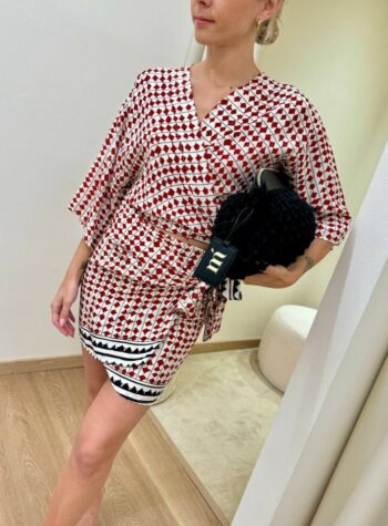 Shop Online Blusa portafoglio fantasia panna rossa e nera Vicolo