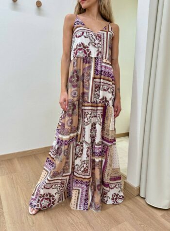 Shop Online Vestito lungo balze fantasia beige e viola Susy Mix