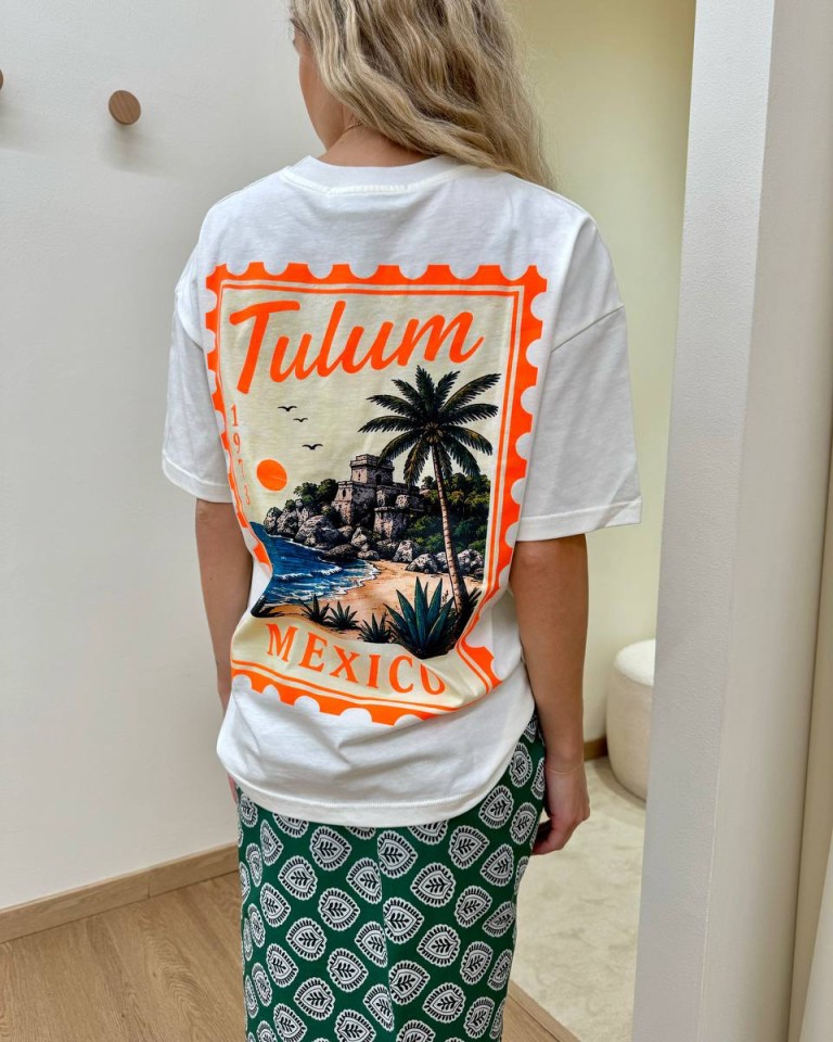 T-shirt panna stampa francobollo Tulum HaveOne Shop Online T-shirt panna stampa francobollo Tulum HaveOne