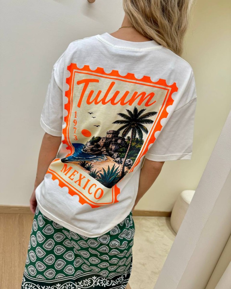 T-shirt panna stampa francobollo Tulum HaveOne Shop Online T-shirt panna stampa francobollo Tulum HaveOne