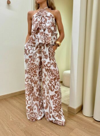 Shop Online Pantalone bianco fantasia floreale cioccolato HaveOne